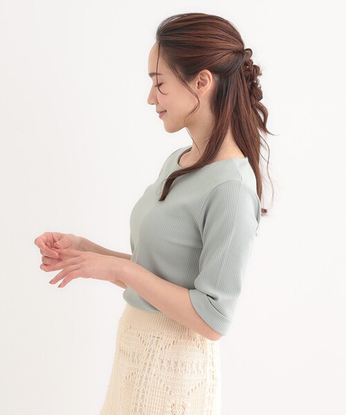 DRESKIP（ドレスキップ）の「【S-LL】1枚でもインナーでも テレコ5分袖トップス（Tシャツ/カットソー・レディース・グリーン系/オフホワイト/ホワイト系5/ブラック・01/02/03/04）」の14枚目の写真