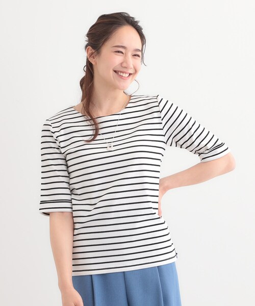 DRESKIP（ドレスキップ）の「【S-LL】1枚でもインナーでも テレコ5分袖トップス（Tシャツ/カットソー・レディース・グリーン系/オフホワイト/ホワイト系5/ブラック・01/02/03/04）」の17枚目の写真