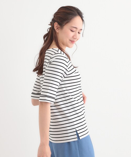 DRESKIP（ドレスキップ）の「【S-LL】1枚でもインナーでも テレコ5分袖トップス（Tシャツ/カットソー・レディース・グリーン系/オフホワイト/ホワイト系5/ブラック・01/02/03/04）」の18枚目の写真