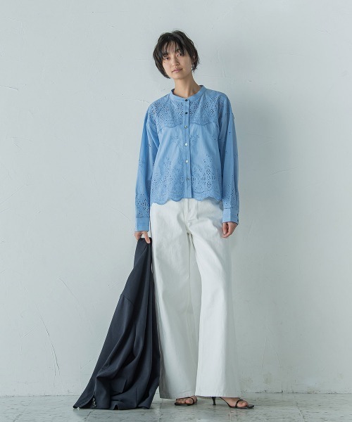 メイソングレイ MAYSON GREY 叶えるスカラップ刺繍クロップドシャツ≪手洗い可能≫ （ブルー） セール】叶えるスカラップ刺繍クロップドシャツ≪手洗い可能
