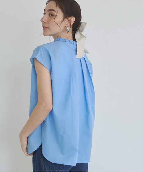 未使用ターコイズ フリル付きシャツ ノースリーブ 美人百花掲載》フリルドッキングノースリーブトップス【接触冷感