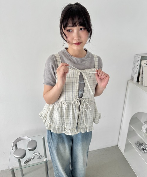 Loueme（ルエム）の「ダブルリボンチェックフリルキャミソール（キャミソール・レディース・アイボリー/オフホワイト・FREE）」の5枚目の写真