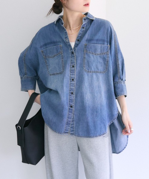 PUAL CE CIN ブルーデニムシャツ Fサイズ 新品PUAL CE CIN ヴィンテージライクデニムシャツ サックスブルー