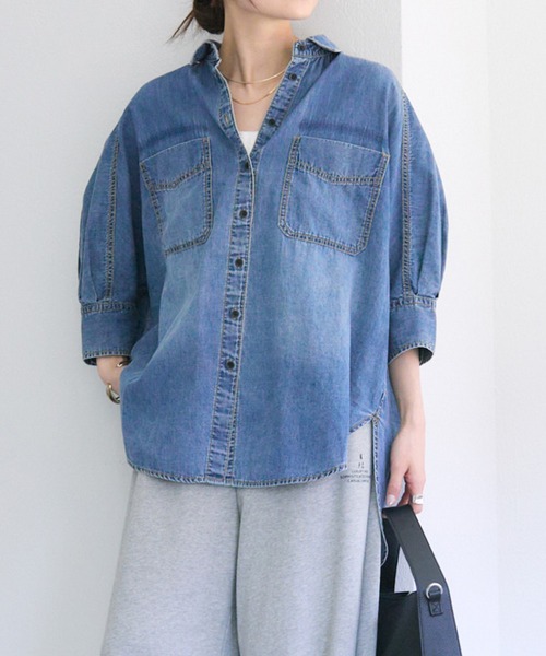 PUAL CE CIN（ピュアルセシン）の「【25th】綿麻デニムハーフスリーブブラウス（シャツ/ブラウス・レディース・インディゴブルー/ブルー・FREE）」の17枚目の写真