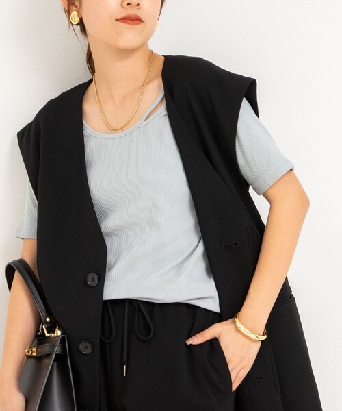 Rie Miller（リエミラー）の「ランダムテレコ2WAYプルオーバー（Tシャツ/カットソー・レディース・ホワイト/グレイッシュブルー/ブラック・38）」の3枚目の写真