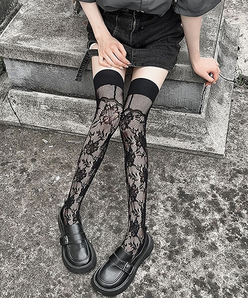 セール】フラワーレース 網タイツ風 ニーハイソックス cula1171