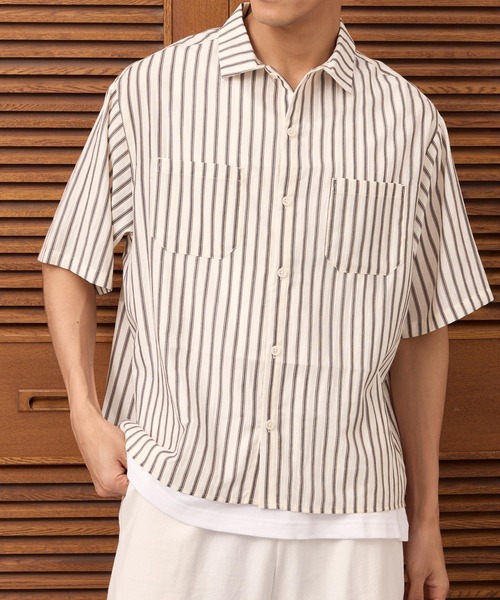 coca(coca)(コカ)の「ワッシャーリネンタッチワイド半袖シャツ(シャツ/ブラウス・メンズ・ストライプ/ライトグレー・L/M/XL)」の7枚目の写真