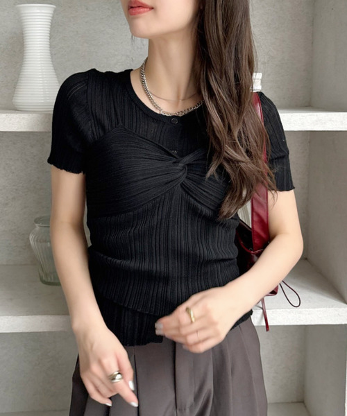 Ada.(エイダ)の「ビスチェ ドッキング フロントボタン サマーニット トップス(Tシャツ/カットソー・レディース・ブラック/ホワイト/グレー・FREE)」の11枚目の写真