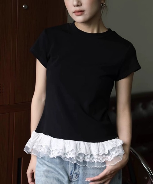 ampm(エーエムピーエム)の「裾レースペプラムTシャツ(Tシャツ/カットソー・レディース・グレー/ホワイト/ブラック・FREE)」の3枚目の写真