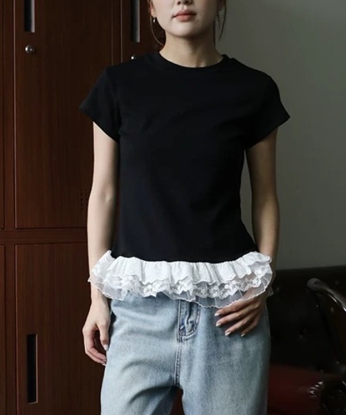 ampm(エーエムピーエム)の「裾レースペプラムTシャツ(Tシャツ/カットソー・レディース・グレー/ホワイト/ブラック・FREE)」の13枚目の写真