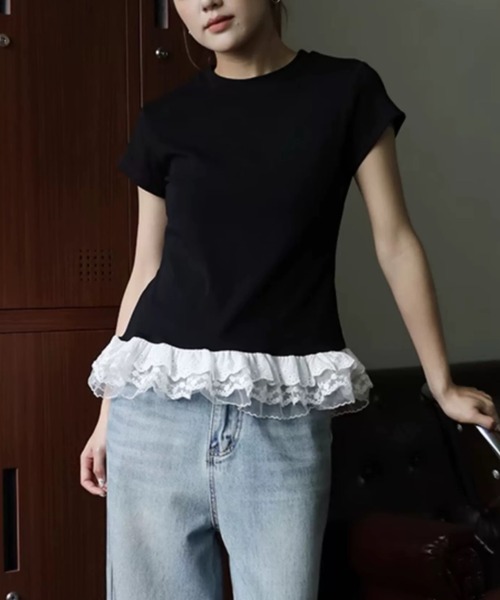 ampm(エーエムピーエム)の「裾レースペプラムTシャツ(Tシャツ/カットソー・レディース・グレー/ホワイト/ブラック・FREE)」の14枚目の写真