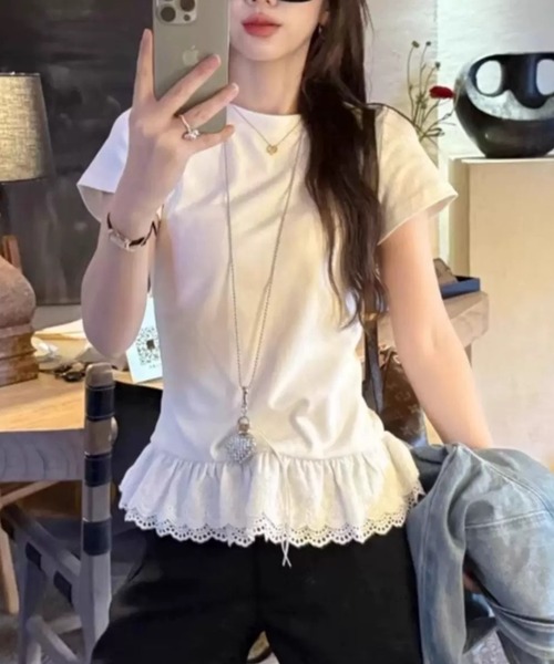ampm(エーエムピーエム)の「裾レースペプラムTシャツ(Tシャツ/カットソー・レディース・グレー/ホワイト/ブラック・FREE)」の5枚目の写真