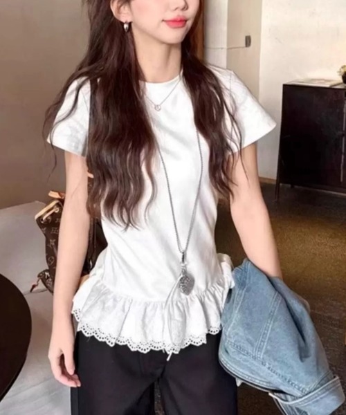 ampm(エーエムピーエム)の「裾レースペプラムTシャツ(Tシャツ/カットソー・レディース・グレー/ホワイト/ブラック・FREE)」の6枚目の写真