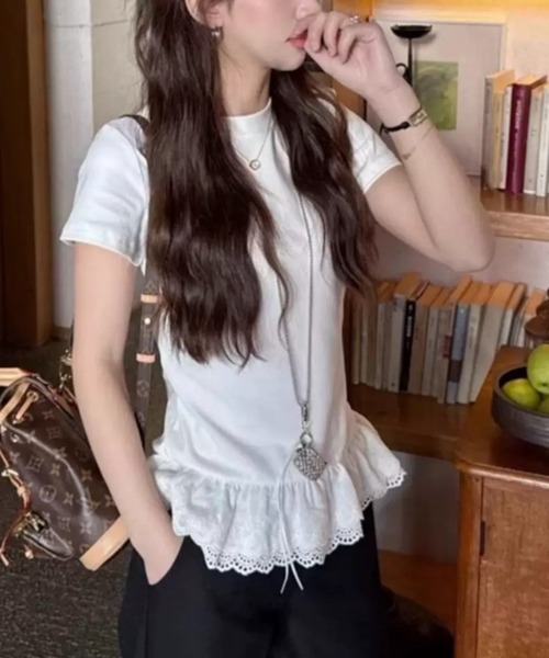 ampm(エーエムピーエム)の「裾レースペプラムTシャツ(Tシャツ/カットソー・レディース・グレー/ホワイト/ブラック・FREE)」の7枚目の写真