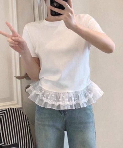 ampm(エーエムピーエム)の「裾レースペプラムTシャツ(Tシャツ/カットソー・レディース・グレー/ホワイト/ブラック・FREE)」の8枚目の写真