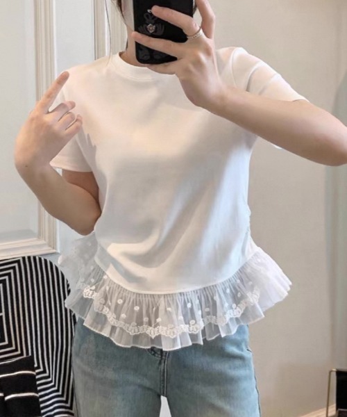 ampm(エーエムピーエム)の「裾レースペプラムTシャツ(Tシャツ/カットソー・レディース・グレー/ホワイト/ブラック・FREE)」の9枚目の写真