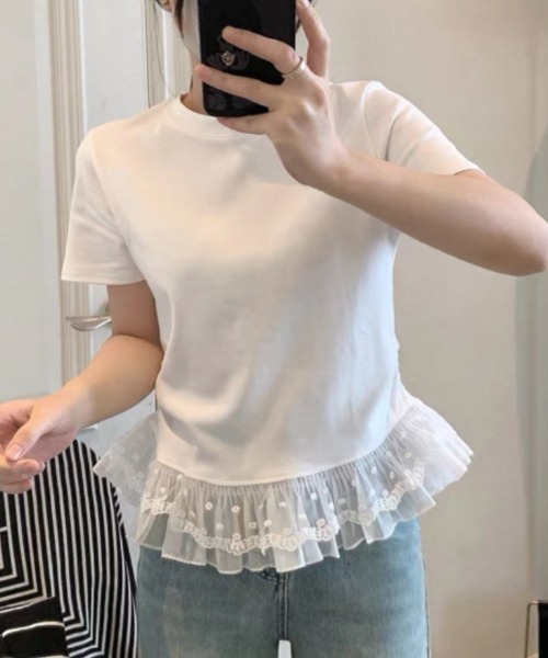 ampm(エーエムピーエム)の「裾レースペプラムTシャツ(Tシャツ/カットソー・レディース・グレー/ホワイト/ブラック・FREE)」の10枚目の写真