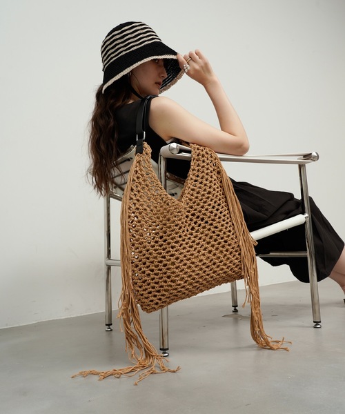 セール】Rope knit fringe tote bag / 縄あみフリンジトート