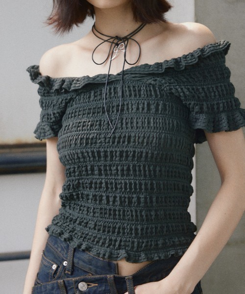 2WAY】SHEER SHIRRING BUSTIER TOPS シアー シャーリング