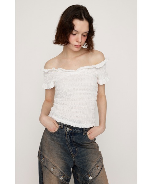 SLY(スライ)の「【2WAY】SHEER SHIRRING BUSTIER TOPS シアー シャーリング ビスチェ トップス 夏服 シアートップス 半袖(Tシャツ/カットソー・レディース・ピンク/アイボリー/ブラック/カーキ・FREE)」の8枚目の写真