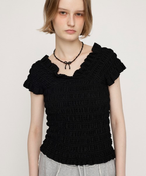 SLY(スライ)の「【2WAY】SHEER SHIRRING BUSTIER TOPS シアー シャーリング ビスチェ トップス 夏服 シアートップス 半袖(Tシャツ/カットソー・レディース・ピンク/アイボリー/ブラック/カーキ・FREE)」の12枚目の写真
