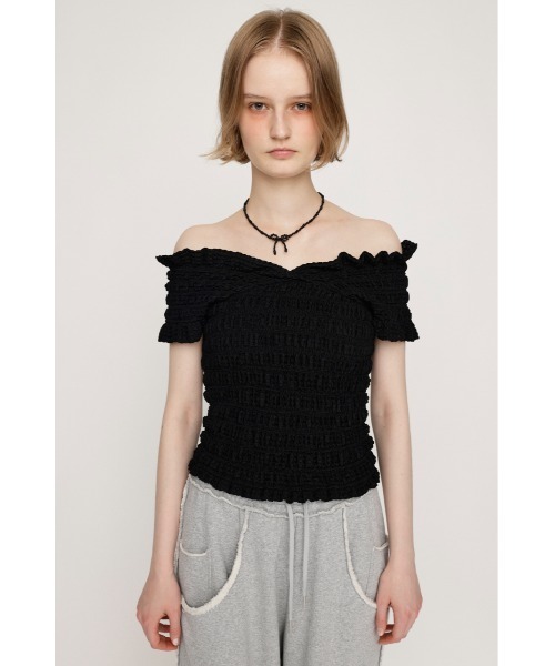 セール】【2WAY】SHEER SHIRRING BUSTIER TOPS シアー シャーリング