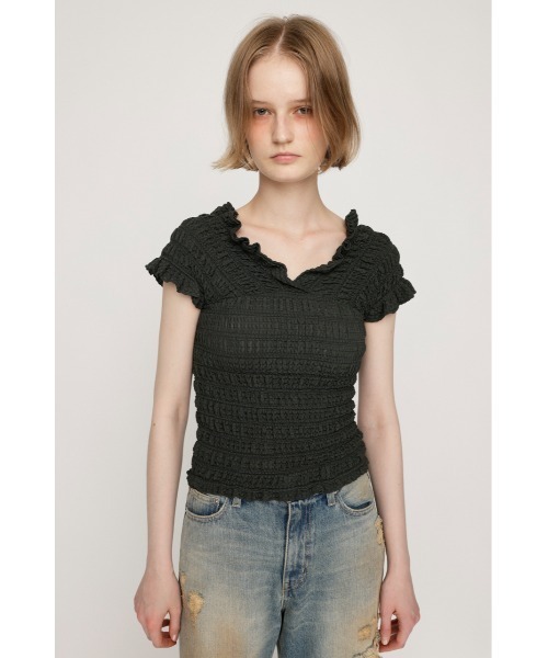 SLY(スライ)の「【2WAY】SHEER SHIRRING BUSTIER TOPS シアー シャーリング ビスチェ トップス 夏服 シアートップス 半袖(Tシャツ/カットソー・レディース・ピンク/アイボリー/ブラック/カーキ・FREE)」の18枚目の写真