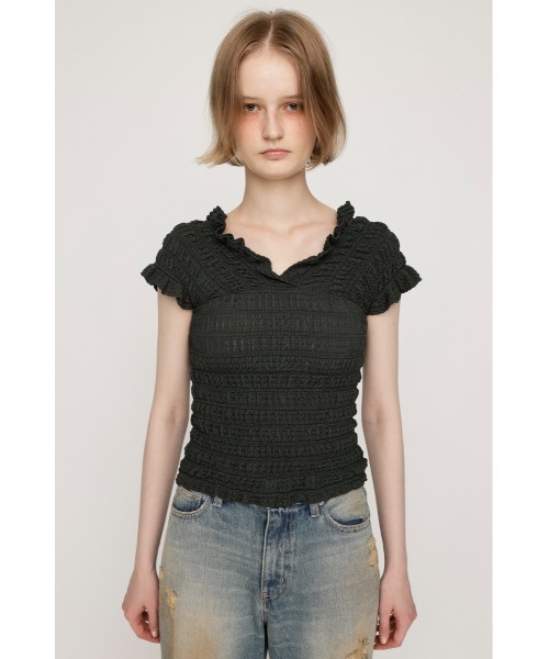 SLY(スライ)の「【2WAY】SHEER SHIRRING BUSTIER TOPS シアー シャーリング ビスチェ トップス 夏服 シアートップス 半袖(Tシャツ/カットソー・レディース・ピンク/アイボリー/ブラック/カーキ・FREE)」の20枚目の写真