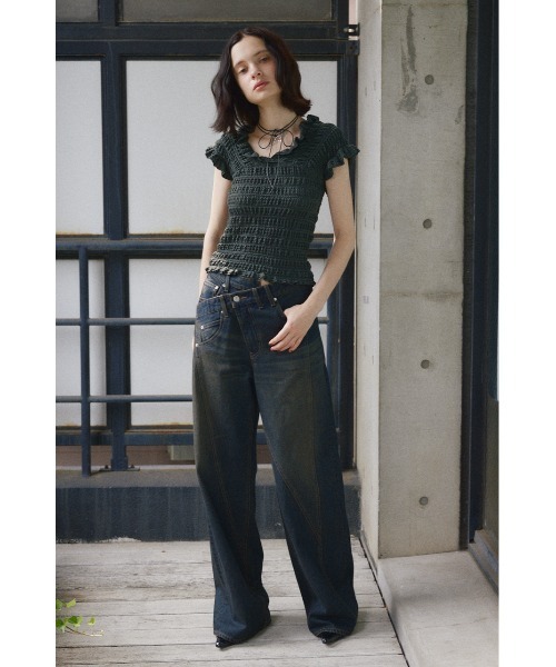 セール】【2WAY】SHEER SHIRRING BUSTIER TOPS シアー