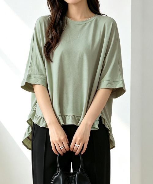 ONEP STAR(ワンピスター)の「五分丈裾フリルカットソー(Tシャツ/カットソー・レディース・ベージュ/グリーン/ピンク/ブラック・FREE)」の3枚目の写真