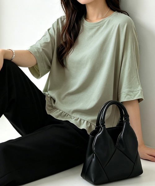 ONEP STAR(ワンピスター)の「五分丈裾フリルカットソー(Tシャツ/カットソー・レディース・ベージュ/グリーン/ピンク/ブラック・FREE)」の10枚目の写真