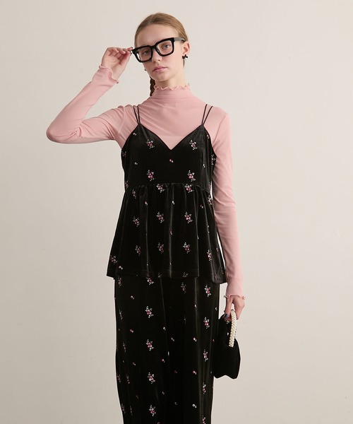 ★LITA 和紙キュプラオールインワン　ほぼ新品★ セール】【BONLECILL noir】ショルダーリボンペプラム切替フラワー刺繍