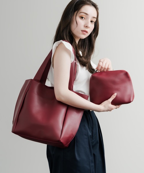 Rocky Monroe（ロッキーモンロー）の「新色追加 PUワンショルダートートバッグ　ポーチセット（トートバッグ・メンズ・ワインレッド/ブラウン/ベージュ/ブラック・FREE）」の4枚目の写真