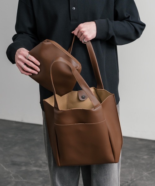 Rocky Monroe（ロッキーモンロー）の「新色追加 PUワンショルダートートバッグ　ポーチセット（トートバッグ・メンズ・ワインレッド/ブラウン/ベージュ/ブラック・FREE）」の5枚目の写真