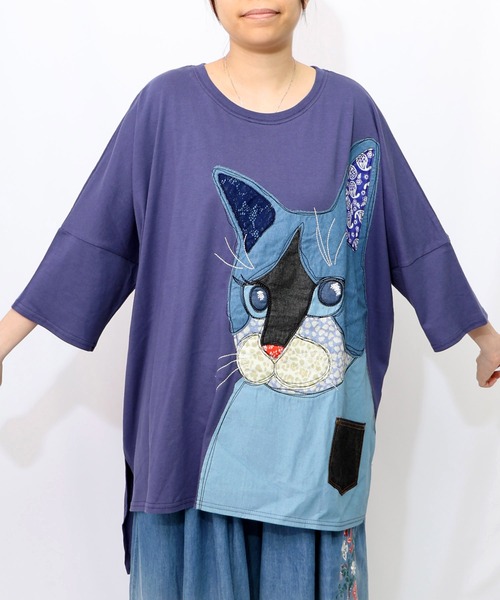 ScoLar 152760：ネコ柄デニムアップリケチュニック 152760：ネコ柄デニムアップリケチュニック（チュニック
