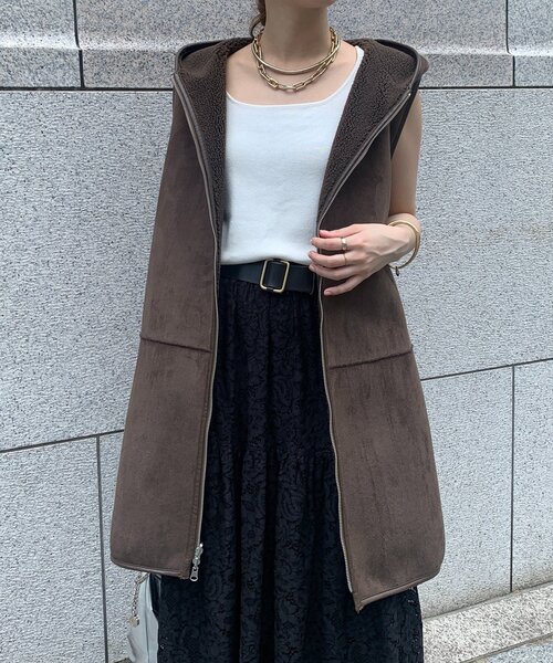 DouDou(ドゥドゥ)の「ボア切替フーディージレ(ベスト・レディース・ブラウン/ベージュ・FREE)」の10枚目の写真