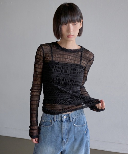 UNE MANSION(ユヌマンション)の「【レイヤード用おすすめ】ユニークボーダースモークシースルーカットソー(Tシャツ/カットソー・レディース・ベージュ/ホワイト/ブラウン/ブラック・FREE)」の11枚目の写真