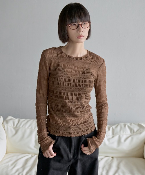 UNE MANSION(ユヌマンション)の「【レイヤード用おすすめ】ユニークボーダースモークシースルーカットソー(Tシャツ/カットソー・レディース・ベージュ/ホワイト/ブラウン/ブラック・FREE)」の18枚目の写真