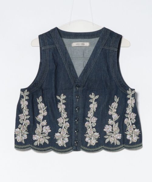 ライトオンスデニム スカラップブロッサムヴァイン刺繍デニムベスト