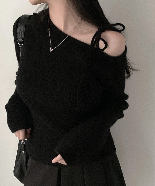 Dream garden（ドリームガーデン）の「ワンショルダーリボンリブニットトップスル（Tシャツ/カットソー・レディース・ブラック/ホワイト/レッド・FREE）」の12枚目の写真