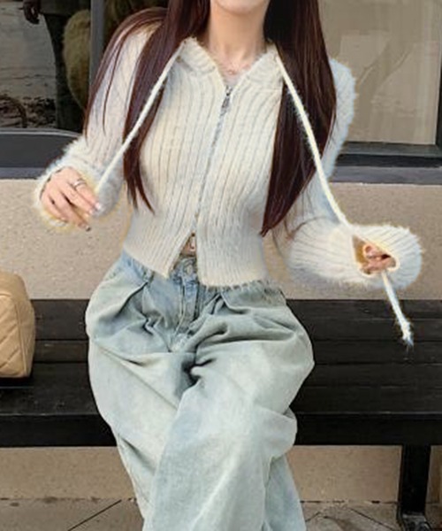 WESTSEA(ウエストシー)の「ショート丈 シャギーニット フルジップパーカー(パーカー・レディース・ピンク/ホワイト/ブラック・FREE)」の4枚目の写真