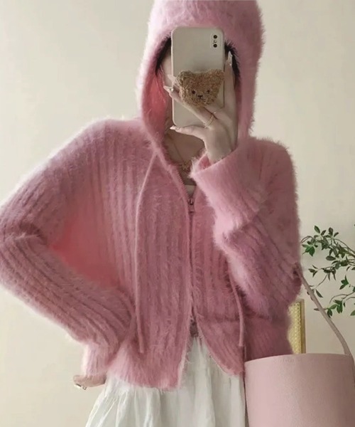 WESTSEA(ウエストシー)の「ショート丈 シャギーニット フルジップパーカー(パーカー・レディース・ピンク/ホワイト/ブラック・FREE)」の13枚目の写真