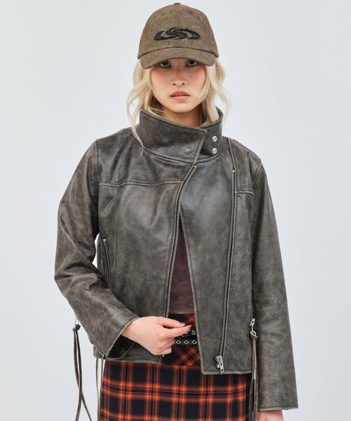 atmos pink(アトモスピンク)の「atmos pink Distressed Leather Jacket / アトモス ピンク ディストレス レザー ジャケット(その他アウター・レディース・ブラウン/ホワイト・FREE)」の3枚目の写真