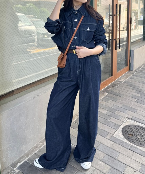 セール】【セットアップ】デニムシャツジャケット+ワイドパンツ