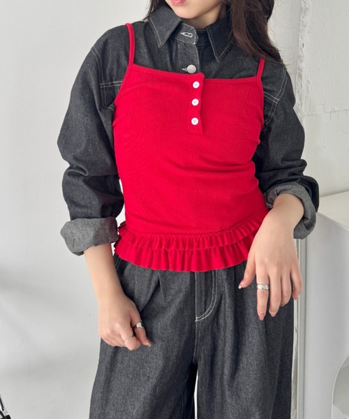 セール】【セットアップ】デニムシャツジャケット+ワイドパンツ