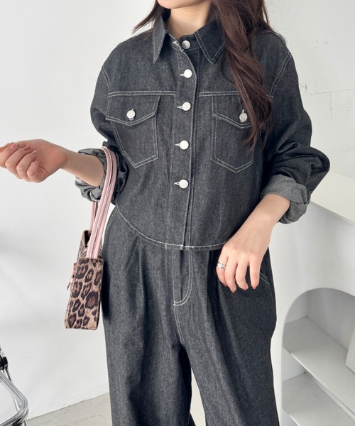SOLLON.(ソルロン)の「【セットアップ】デニムシャツジャケット+ワイドパンツ(セットアップ・レディース・ブラック/ネイビー・FREE)」の4枚目の写真