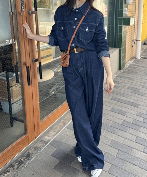 セール】【セットアップ】デニムシャツジャケット+ワイドパンツ