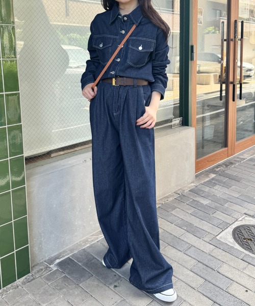 セール】【セットアップ】デニムシャツジャケット+ワイドパンツ