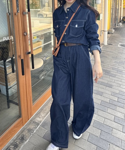 セール】【セットアップ】デニムシャツジャケット+ワイドパンツ