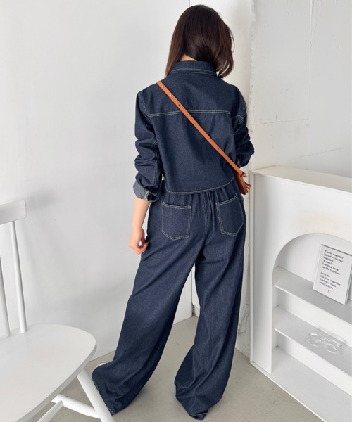 セール】【セットアップ】デニムシャツジャケット+ワイドパンツ